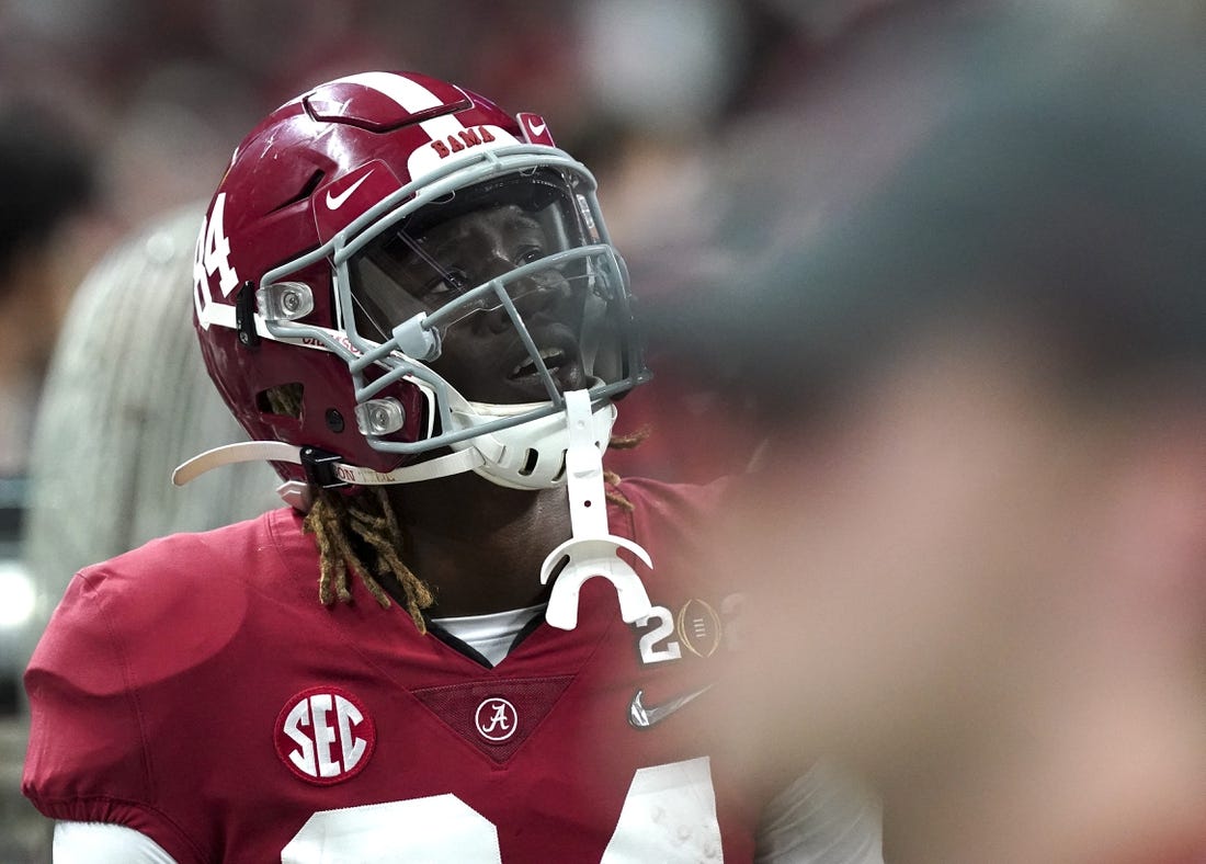 Jan 10, 2022; Indianapolis, IN, USA; Alabama wide receiver Agiye Hall (84) reacts as time runs off the clock during the 2022 CFP college football national championship game at Lucas Oil Stadium. Georgia defeated Alabama 33-18. Mandatory Credit: Gary Cosby Jr.-USA TODAY Sports