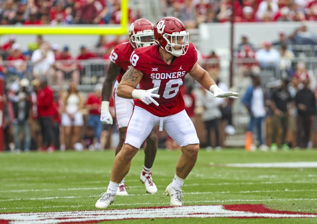 Apr 23, 2022; Norman, Oklahoma, USA;  Oklahoma Sooners linebacker T.D. Roof (18) in action during the spring game at Gaylord Family Oklahoma Memorial Stadium. Mandatory Credit: Kevin Jairaj-USA TODAY Sports
