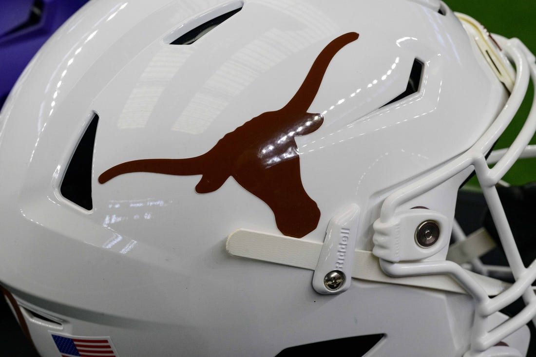 Jul 14, 2022; Arlington, TX, USA; A view of the Texas Longhorns helmet logo during the Big 12 Media Day at AT&T Stadium. Mandatory Credit: Jerome Miron-USA TODAY Sports