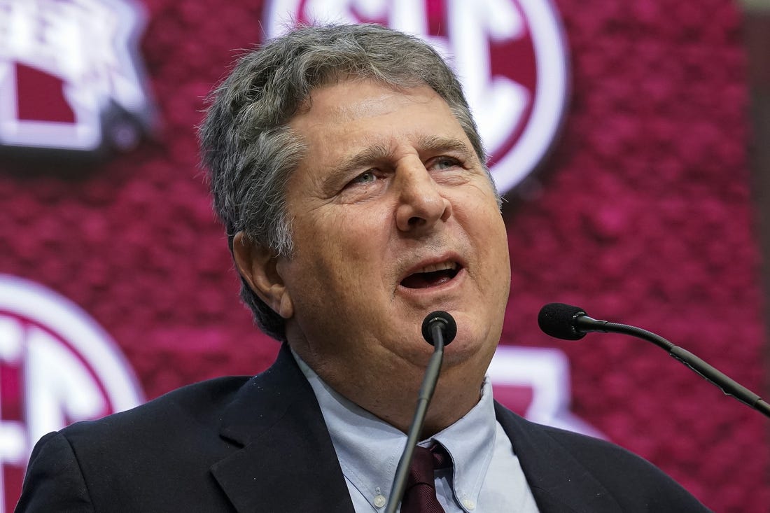 Jul 19, 2022; Atlanta, GA, USA; Mississippi State head coach Mike Leach shown on the stage during SEC Media Days at the College Football Hall of Fame. Mandatory Credit: Dale Zanine-USA TODAY Sports