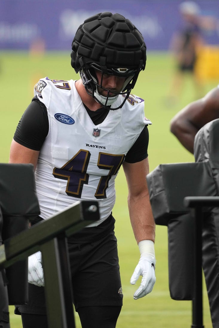 Jul 29, 2022; Owings Mills, MD, USA; Baltimore Ravens linebacker Vince Biegel (47) practices at the Under Armour Performance Center. Mandatory Credit: Mitch Stringer-USA TODAY Sports