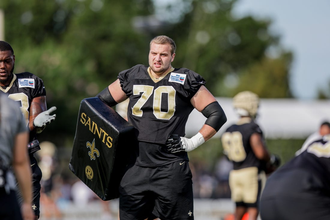 Jul 29, 2022; Metairie, LA, USA; New Orleans Saints offensive tackle Trevor Penning (70) during training camp at Ochsner Sports Performance Center. Mandatory Credit: Stephen Lew-USA TODAY Sports