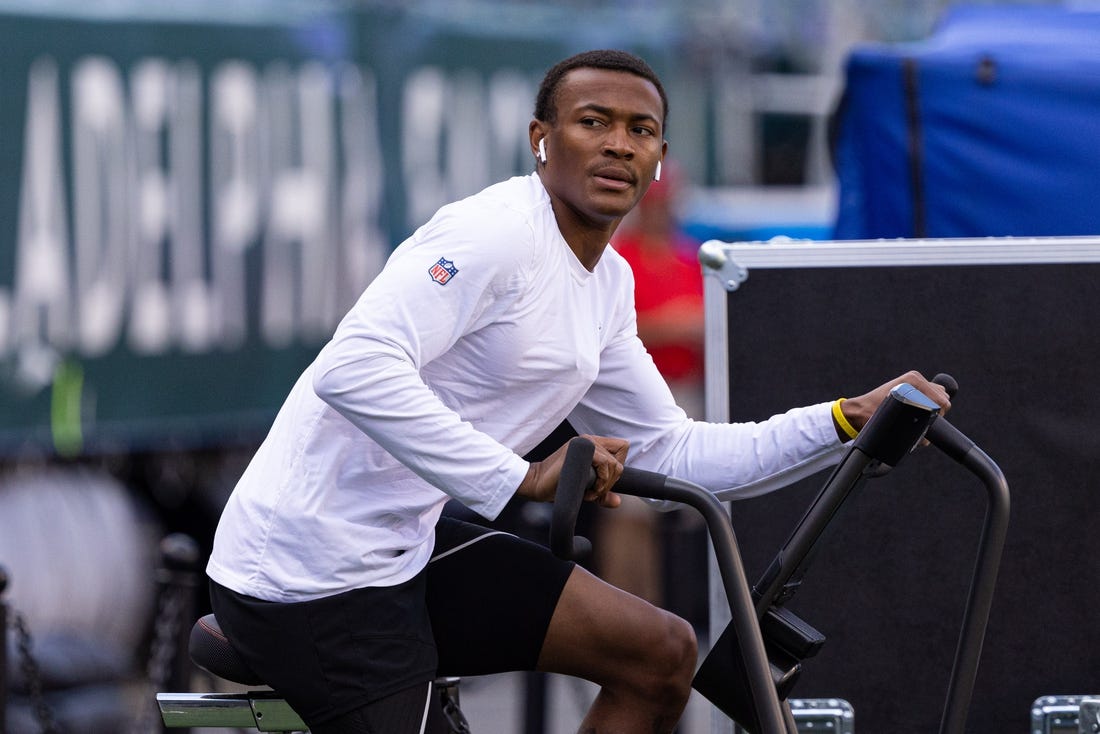 Aug 12, 2022; Philadelphia, Pennsylvania, USA; Philadelphia Eagles wide receiver DeVonta Smith warms up on a bike before a game against the New York Jets at Lincoln Financial Field. Mandatory Credit: Bill Streicher-USA TODAY Sports
