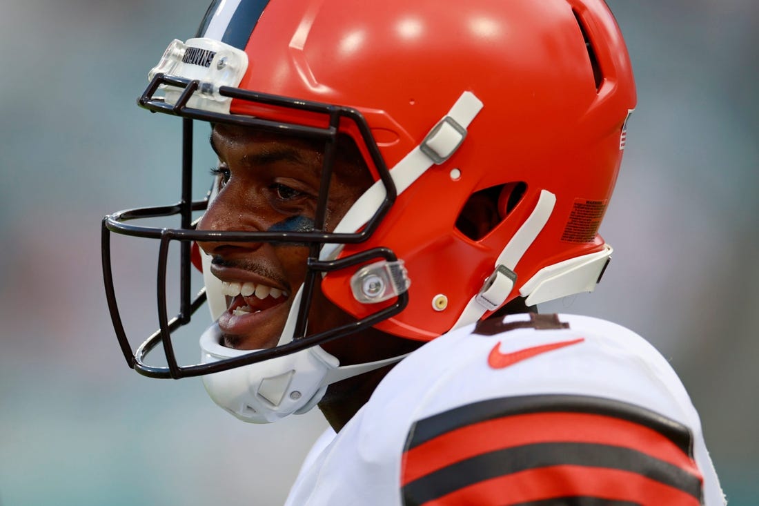 Cleveland Browns quarterback Deshaun Watson #4 smiles during the first quarter of a preseason NFL game Friday, Aug. 12, 2022 at TIAA Bank Field in Jacksonville. The Cleveland Browns defeated the Jacksonville Jaguars 24-13. [Corey Perrine/Florida Times-Union]

Jacksonville Jaguars 2022 Cleveland Browns First Home Pre Season Scrimmage Second Scrimmage Preseason