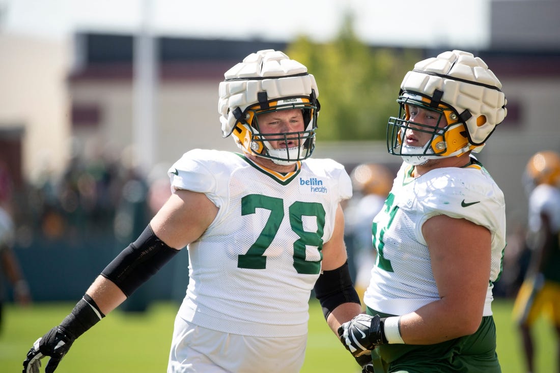 Green Bay Packers tackle/guard Cole Van Lanen (78) and Josh Myers (71) participate in training camp practice with the New Orleans Saints on Wednesday, Aug. 17, 2022, at Ray Nitschke Field in Ashwaubenon, Wis. Samantha Madar/USA TODAY NETWORK-Wisconsin

Gpg Training Camp With Saints 08172022 0009