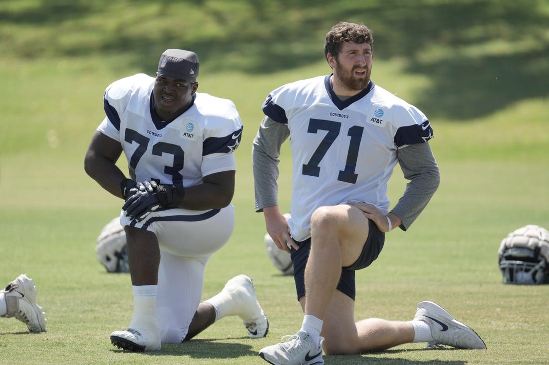 Aug 18, 2022; Costa Mesa, CA, USA; Dallas Cowboys offensive tackle Tyler Smith (73) and offensive tackle Matt Waletzko (71) stretch during joint practice against the Los Angeles Chargers at Jack Hammett Sports Complex. Mandatory Credit: Kirby Lee-USA TODAY Sports