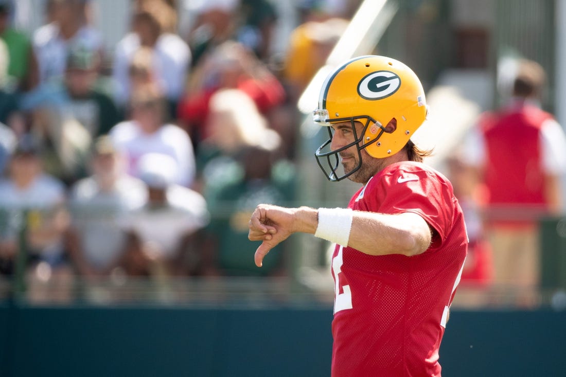 Aaron Rodgers gives a thumbs-down during practice at Ray Nitschke Field on Aug. 16.

Syndication Packersnews