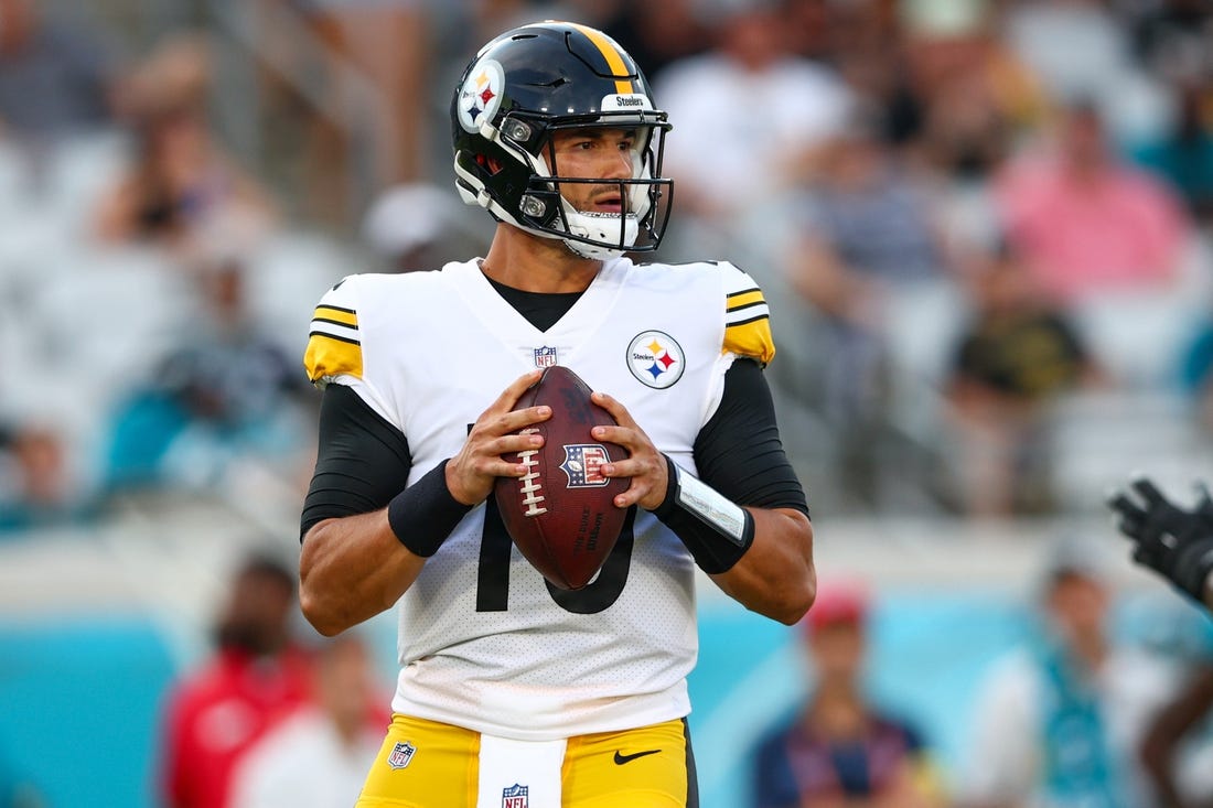 Aug 20, 2022; Jacksonville, Florida, USA;  Pittsburgh Steelers quarterback Mitch Trubisky (10) looks to pass the ball against the Jacksonville Jaguars in the first quarter at TIAA Bank Field. Mandatory Credit: Nathan Ray Seebeck-USA TODAY Sports