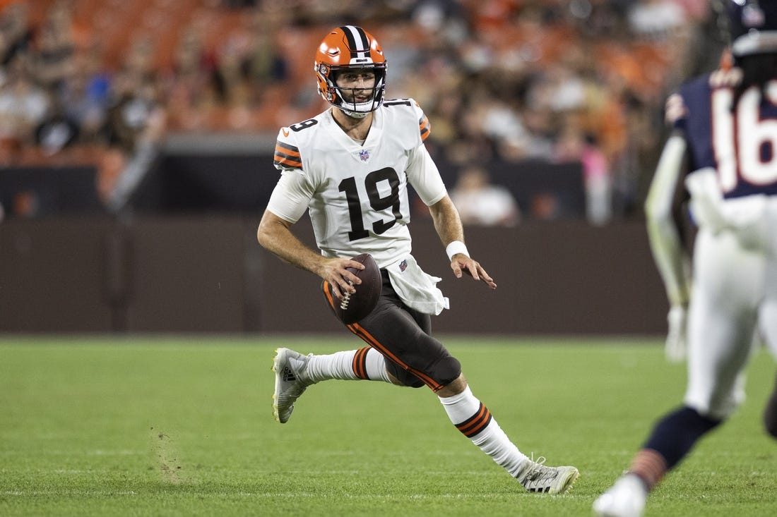 Aug 27, 2022; Cleveland, Ohio, USA; Cleveland Browns quarterback Josh Rosen (19) runs the ball against the Chicago Bears during the fourth quarter at FirstEnergy Stadium. Mandatory Credit: Scott Galvin-USA TODAY Sports