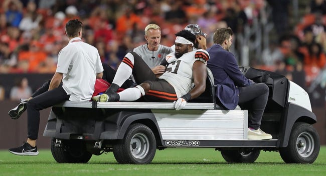 Cleveland Browns linebacker Chris Odom (61) is carted off the field during the second half of an NFL preseason football game against the Chicago Bears, Saturday, Aug. 27, 2022, in Cleveland, Ohio.

Brownsjl 22