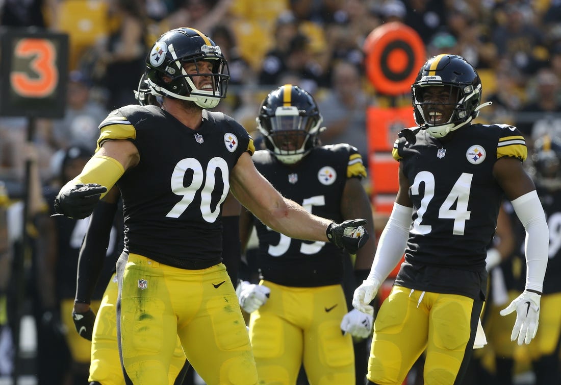 Aug 28, 2022; Pittsburgh, Pennsylvania, USA;  Pittsburgh Steelers linebacker T.J. Watt (90) reacts after making a tackle in the backfield for a loss against the Detroit Lions during the first quarter at Acrisure Stadium. Mandatory Credit: Charles LeClaire-USA TODAY Sports