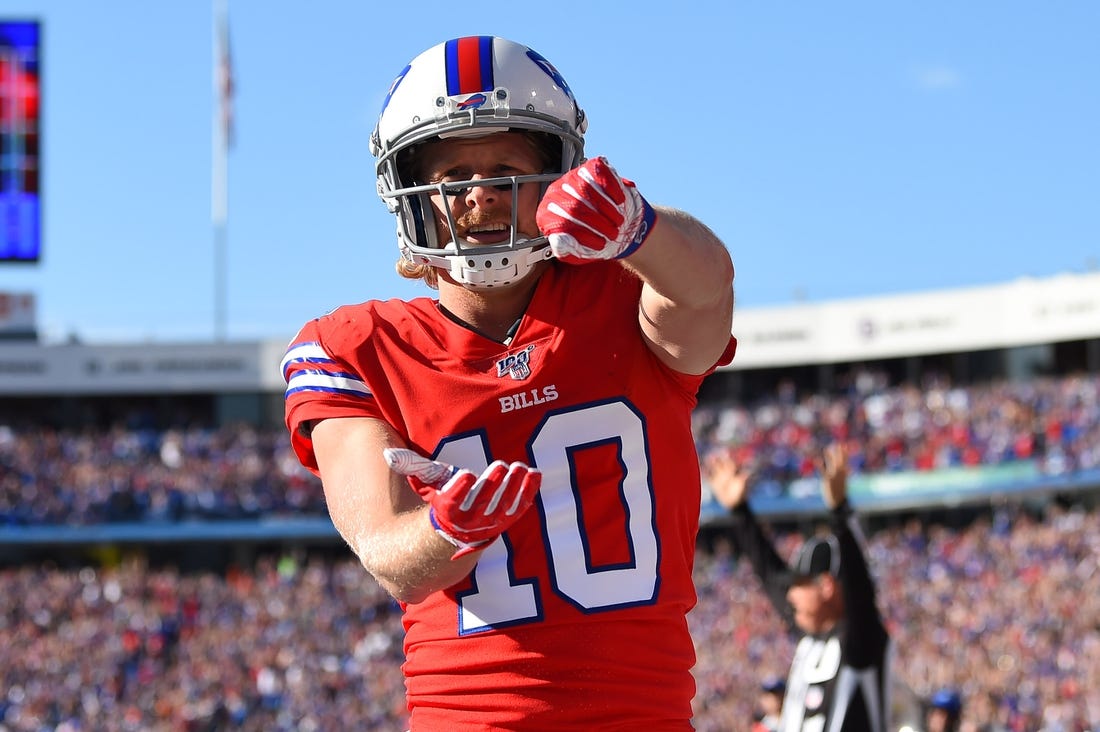 Oct 20, 2019; Orchard Park, NY, USA; Buffalo Bills wide receiver Cole Beasley (10) celebrates his touchdown against the Miami Dolphins during the fourth quarter at New Era Field. Mandatory Credit: Rich Barnes-USA TODAY Sports
