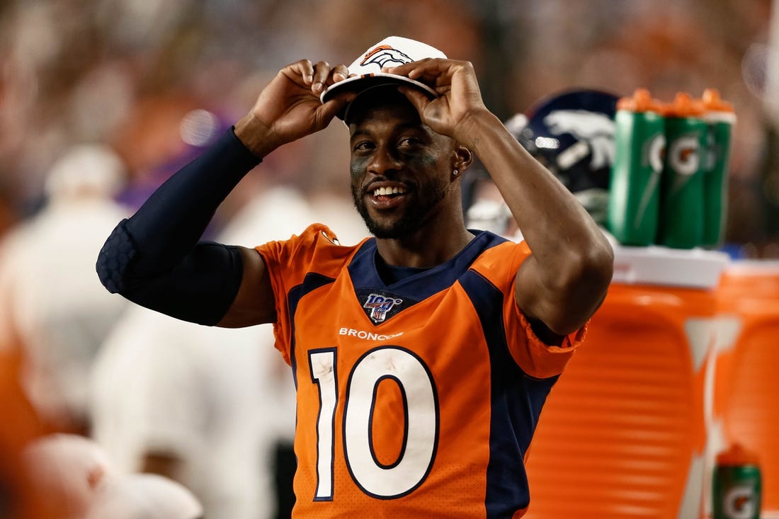 Aug 19, 2019; Denver, CO, USA; Denver Broncos wide receiver Emmanuel Sanders (10) in the third quarter against the San Francisco 49ers at Broncos Stadium at Mile High. Mandatory Credit: Isaiah J. Downing-USA TODAY Sports