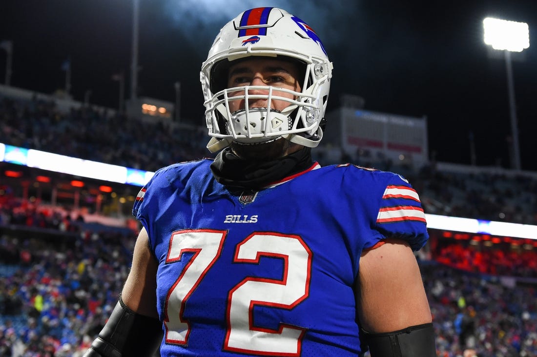 Jan 9, 2022; Orchard Park, New York, USA; Buffalo Bills offensive tackle Tommy Doyle (72) following the game against the New York Jets at Highmark Stadium. Mandatory Credit: Rich Barnes-USA TODAY Sports