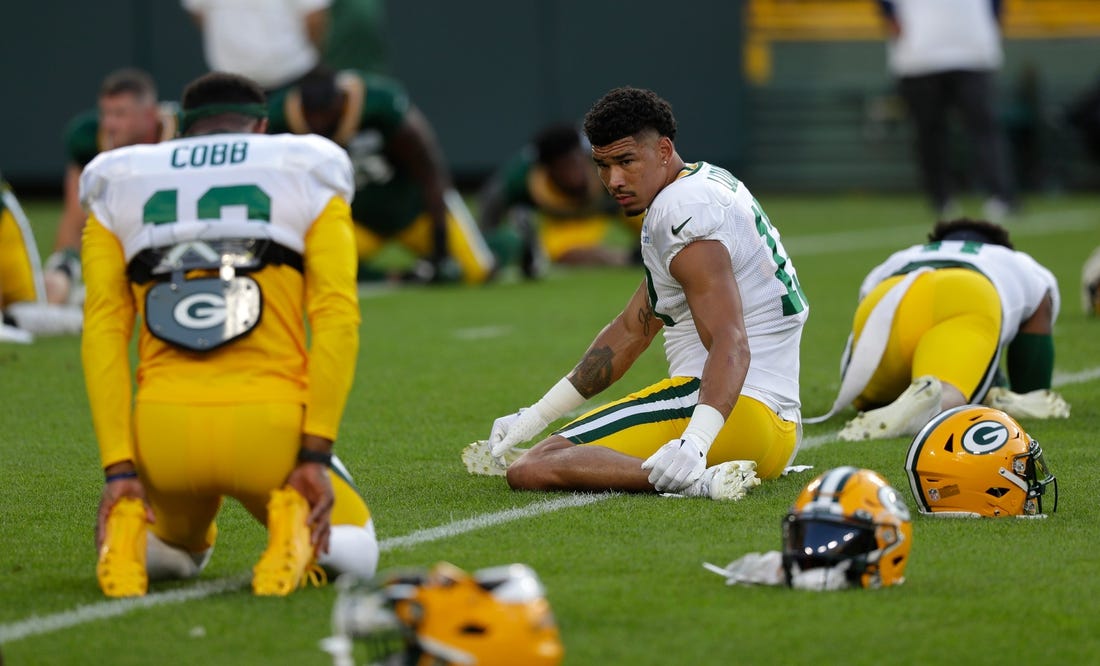 Green Bay Packers wide receiver Allen Lazard (13) stretches during Packers Family Night at Lambeau Field on Aug. 5, 2022, in Green Bay, Wis.

Gpg Familynight 080522 Sk39