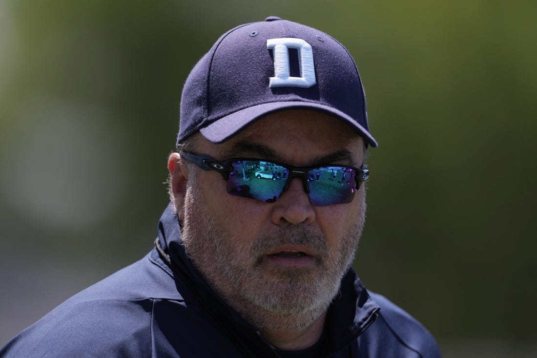 Aug 17, 2022; Costa Mesa, CA, USA; Dallas Cowboys coach Mike McCarthy reacts during joint practice against the Los Angeles Chargers at Jack Hammett Sports Complex. Mandatory Credit: Kirby Lee-USA TODAY Sports