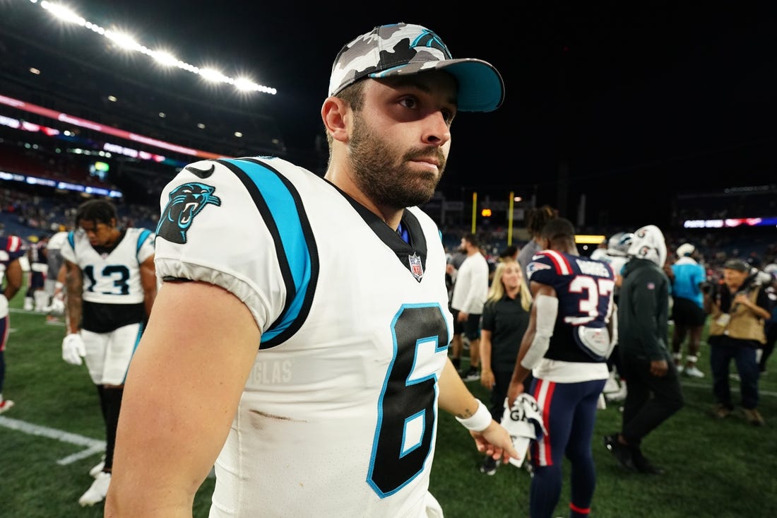 Aug 19, 2022; Foxborough, Massachusetts, USA; Carolina Panthers quarterback Baker Mayfield (6) exits the field after the game against the New England Patriots at Gillette Stadium. Mandatory Credit: David Butler II-USA TODAY Sports