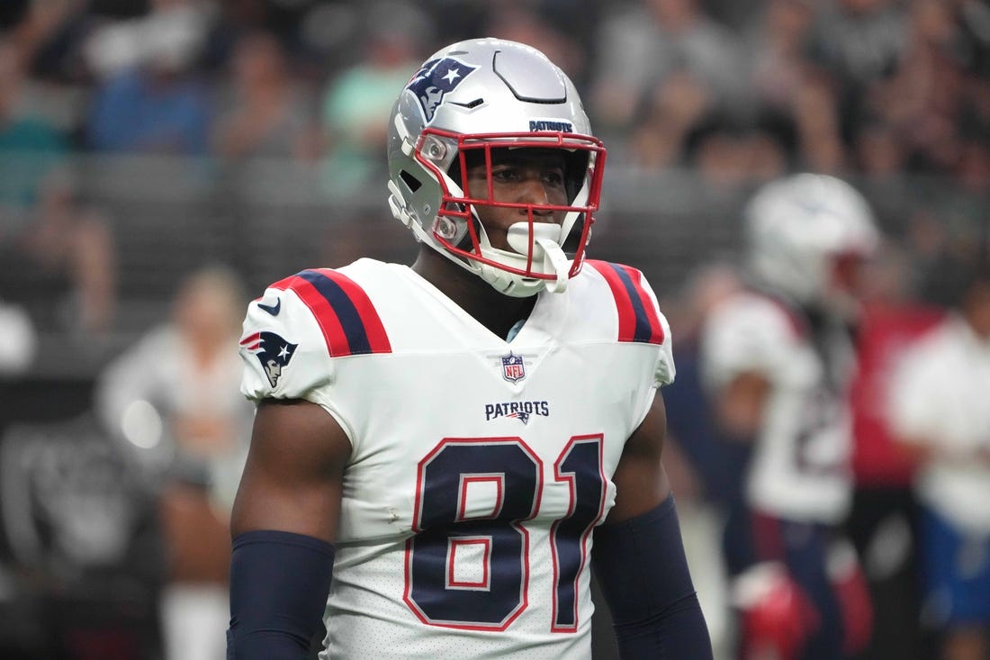 Aug 26, 2022; Paradise, Nevada, USA; New England Patriots tight end Jonnu Smith (81) during the game against the Las Vegas Raiders at Allegiant Stadium. The Raiders defeated the Patriots 23-6. Mandatory Credit: Kirby Lee-USA TODAY Sports