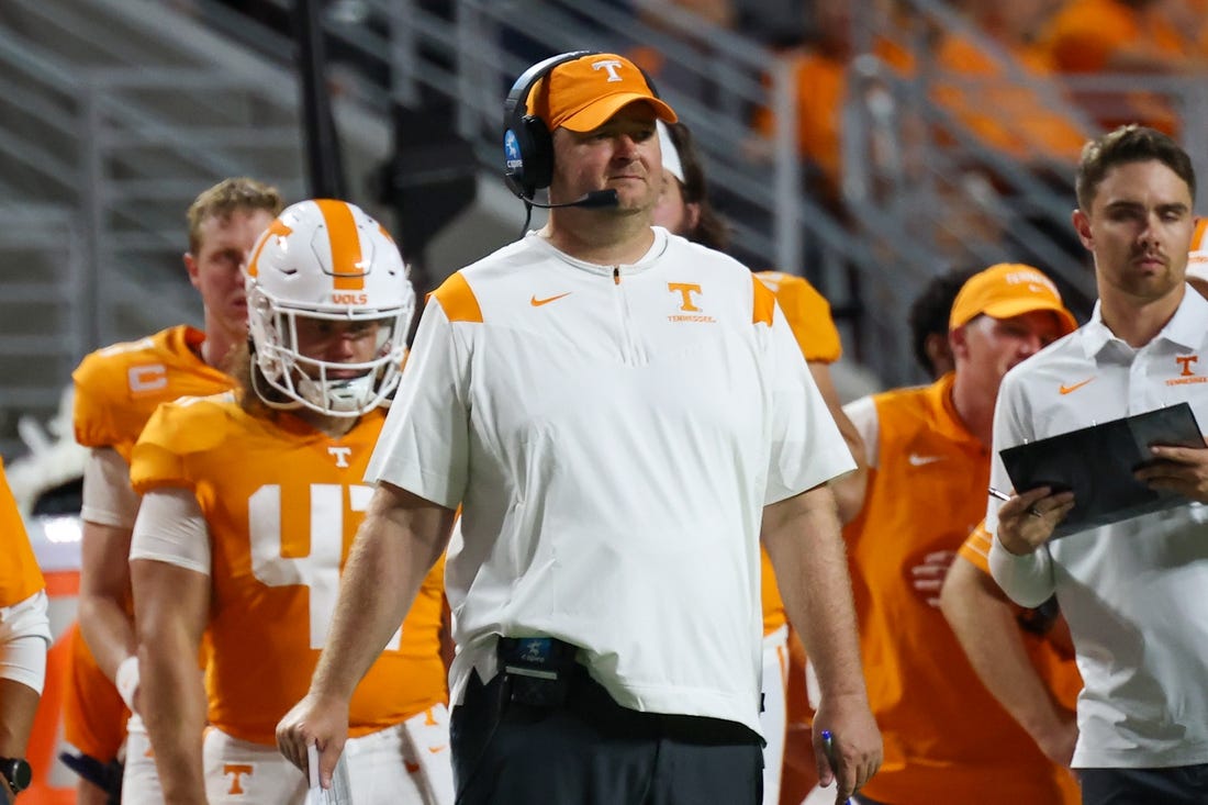 Sep 1, 2022; Knoxville, Tennessee, USA; Tennessee Volunteers head coach Josh Heupel during the first half against the Ball State Cardinals at Neyland Stadium. Mandatory Credit: Randy Sartin-USA TODAY Sports
