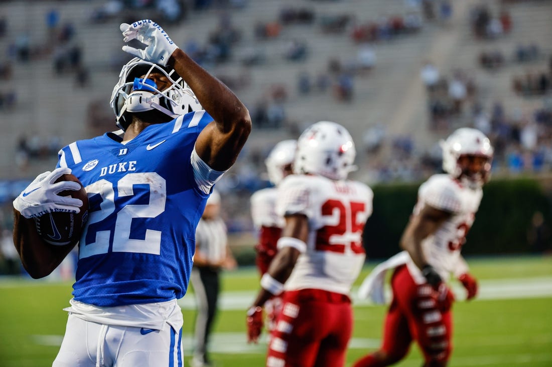 Sep 2, 2022; Durham, North Carolina, USA; Duke Blue Devils running back Jaylen Coleman (22) gestures after scoring a touchdown during first half of the game against Temple University at Wallace Wade Stadium. Mandatory Credit: Jaylynn Nash-USA TODAY Sports