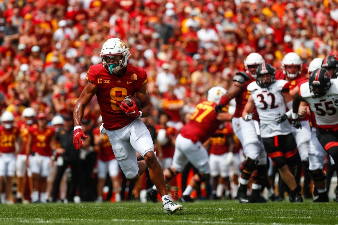 Iowa State wide receiver Xavier Hutchinson (8) runs to the end zone during the Iowa State, Southeast Missouri State game on Saturday, September 3, 2022 at Jack Trice Stadium in Ames, Iowa. The Cyclones are up 21-10 against the Redhawks.