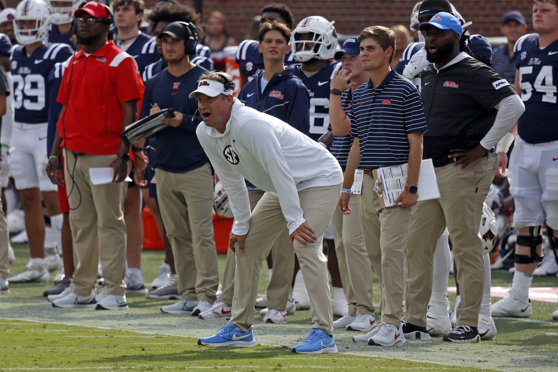 Sep 3, 2022; Oxford, Mississippi, USA; Mississippi Rebels head coach Lane Kiffin reacts during the first half against the Troy Trojans at Vaught-Hemingway Stadium. Mandatory Credit: Petre Thomas-USA TODAY Sports
