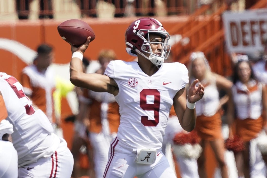 Sep 10, 2022; Austin, Texas, USA; Alabama Crimson Tide quarterback Bryce Young (9) throws a pass against the Texas Longhorns during the first half at at Darrell K Royal-Texas Memorial Stadium. Mandatory Credit: Scott Wachter-USA TODAY Sports