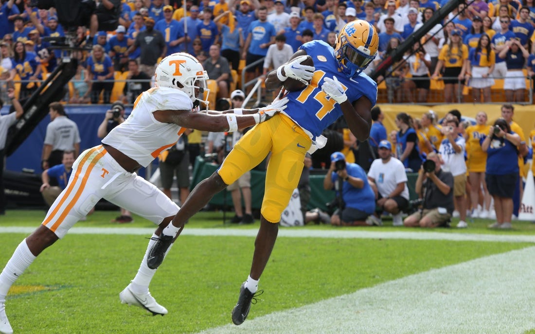 Sep 10, 2022; Pittsburgh, Pennsylvania, USA;  Tennessee Volunteers defensive back Jaylen McCollough (2) defends Pittsburgh Panthers wide receiver Konata Mumpfield (14) out of the back of the end-zone during the first quarter at Acrisure Stadium. Mandatory Credit: Charles LeClaire-USA TODAY Sports