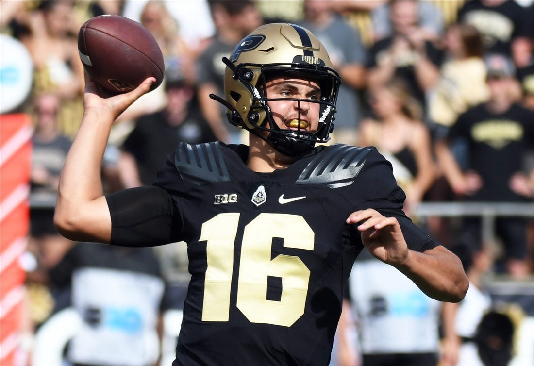 Sep 10, 2022; West Lafayette, Indiana, USA;  Purdue Boilermakers quarterback Aidan O'Connell (16) throws a pass during the second quarter against the Indiana State Sycamores at Ross-Ade Stadium. Mandatory Credit: Robert Goddin-USA TODAY Sports