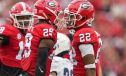 Sep 10, 2022; Athens, Georgia, USA; Georgia Bulldogs defensive back Christopher Smith (29) and defensive back Javon Bullard (22) react after a play against the Samford Bulldogs during the first half at Sanford Stadium. Mandatory Credit: Dale Zanine-USA TODAY Sports