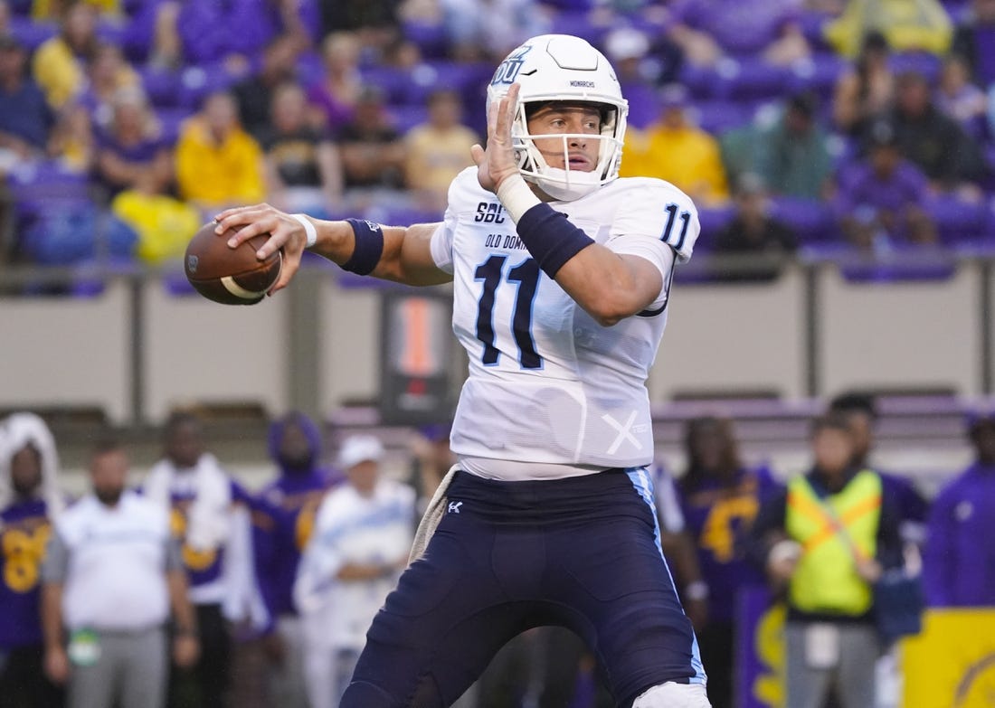 Sep 10, 2022; Greenville, North Carolina, USA;  Old Dominion Monarchs quarterback Hayden Wolff (11) throws the ball against the East Carolina Pirates during the first half at Dowdy-Ficklen Stadium. Mandatory Credit: James Guillory-USA TODAY Sports