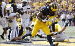 Sep 17, 2022; Ann Arbor, Michigan, USA;  Michigan Wolverines running back Blake Corum (2) rushes for a touchdown in the first half against the Connecticut Huskies at Michigan Stadium. Mandatory Credit: Rick Osentoski-USA TODAY Sports