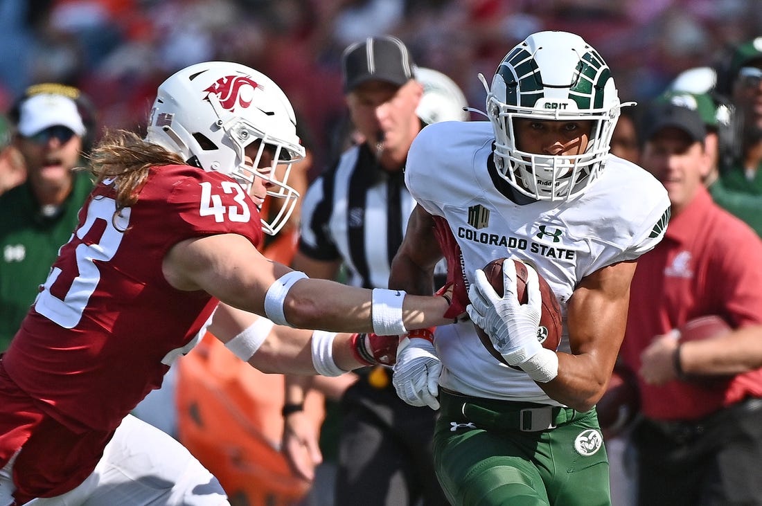 Sep 17, 2022; Pullman, Washington, USA; Colorado State Rams wide receiver Ty McCullouch (6) is pushed pout of bounds by Washington State Cougars linebacker Ben Wilson (43) in the first half at Gesa Field at Martin Stadium. Mandatory Credit: James Snook-USA TODAY Sports