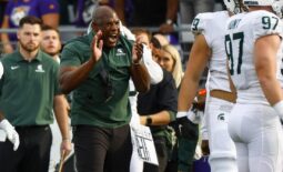 Sep 17, 2022; Seattle, Washington, USA; Michigan State Spartans head coach Mel Tucker reacts to a fourth down stop against the Washington Huskies during the first quarter at Alaska Airlines Field at Husky Stadium. Mandatory Credit: Joe Nicholson-USA TODAY Sports