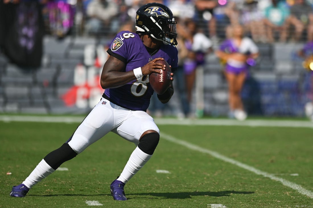 Sep 18, 2022; Baltimore, Maryland, USA;  Baltimore Ravens quarterback Lamar Jackson (8) looks to throw during the second half against the Miami Dolphins at M&T Bank Stadium. Mandatory Credit: Tommy Gilligan-USA TODAY Sports