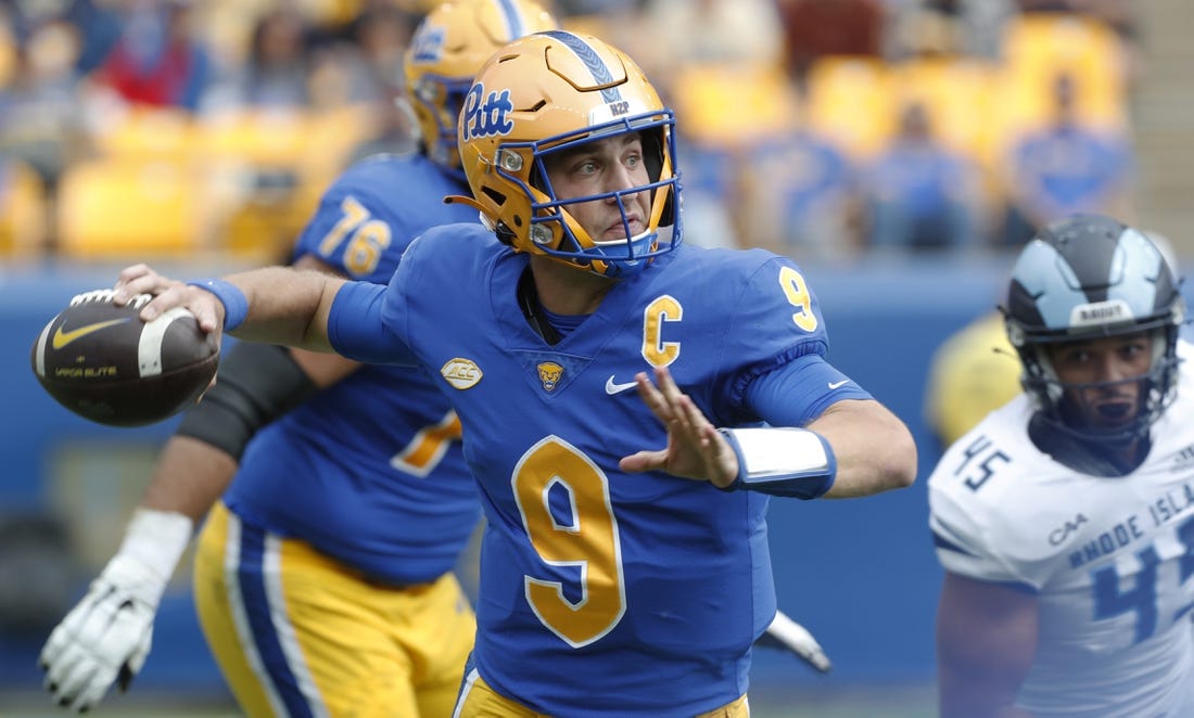 Sep 24, 2022; Pittsburgh, Pennsylvania, USA;  Pittsburgh Panthers quarterback Kedon Slovis (9) scrambles with the ball against the Rhode Island Rams during the second quarter at Acrisure Stadium. Mandatory Credit: Charles LeClaire-USA TODAY Sports