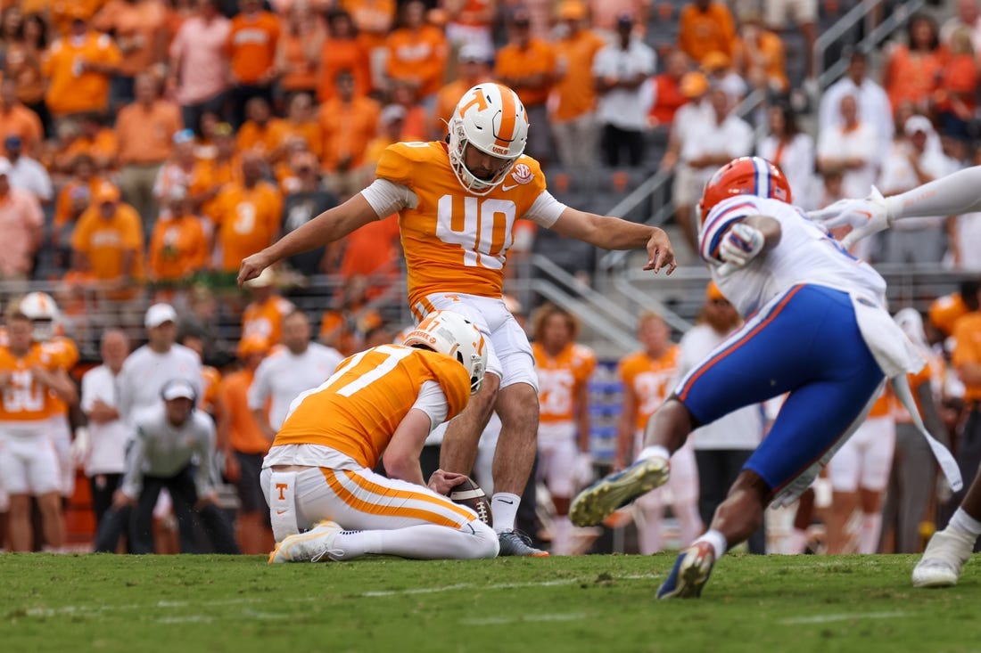 Sep 24, 2022; Knoxville, Tennessee, USA; Tennessee Volunteers place kicker Chase McGrath (40) kicks a field goal against the Florida Gators during the first quarter at Neyland Stadium. Mandatory Credit: Randy Sartin-USA TODAY Sports