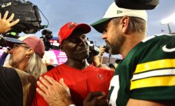 Sep 25, 2022; Tampa, Florida, USA; Tampa Bay Buccaneers head coach Todd Bowles and Green Bay Packers quarterback Aaron Rodgers (12) greet after the game at Raymond James Stadium. Mandatory Credit: Kim Klement-USA TODAY Sports