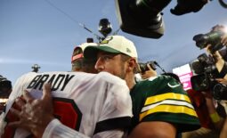 Sep 25, 2022; Tampa, Florida, USA; Tampa Bay Buccaneers quarterback Tom Brady (12) and Green Bay Packers quarterback Aaron Rodgers (12) greet after the game at Raymond James Stadium. Mandatory Credit: Kim Klement-USA TODAY Sports