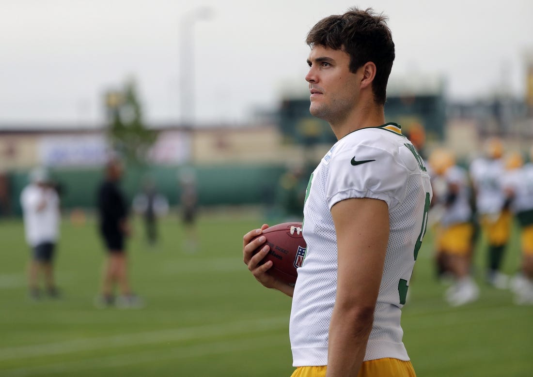 Aug 11, 2021; Green Bay, WI, USA; Green Bay Packers quarterback Blake Bortles (9) participates in training camp Wednesday, August 11, 2021, in Green Bay, Wis.   Mandatory Credit: Dan Powers-USA TODAY NETWORK