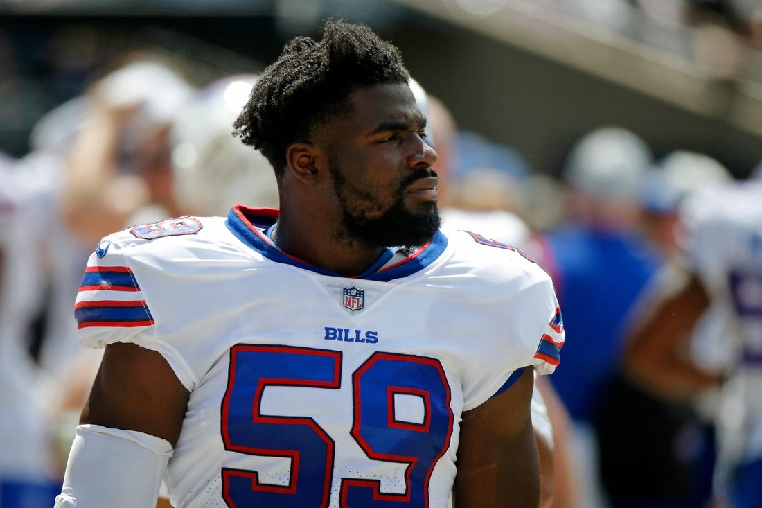 Aug 21, 2021; Chicago, Illinois, USA; Buffalo Bills linebacker Andre Smith (59) walks on the sideline during the game against the Chicago Bears at Soldier Field. The Buffalo Bills won 41-15. Mandatory Credit: Jon Durr-USA TODAY Sports