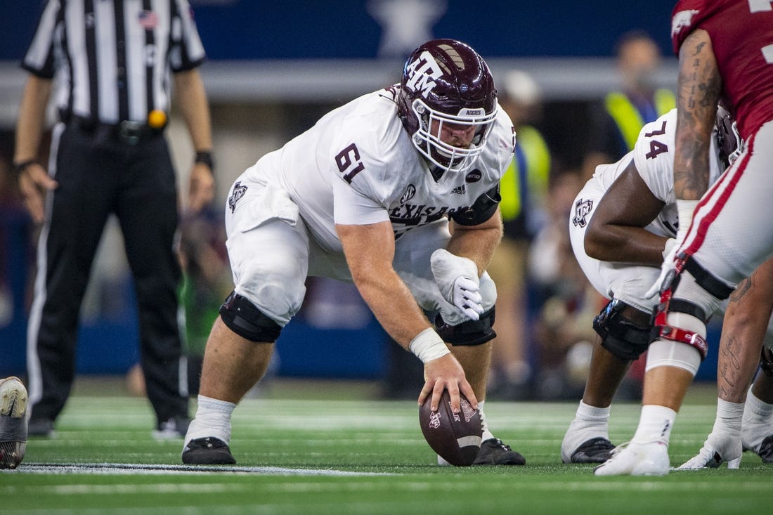Sep 25, 2021; Arlington, Texas, USA; Texas A&M Aggies offensive lineman Bryce Foster (61) in action during the game between the Arkansas Razorbacks and the Texas A&M Aggies at AT&T Stadium. Mandatory Credit: Jerome Miron-USA TODAY Sports