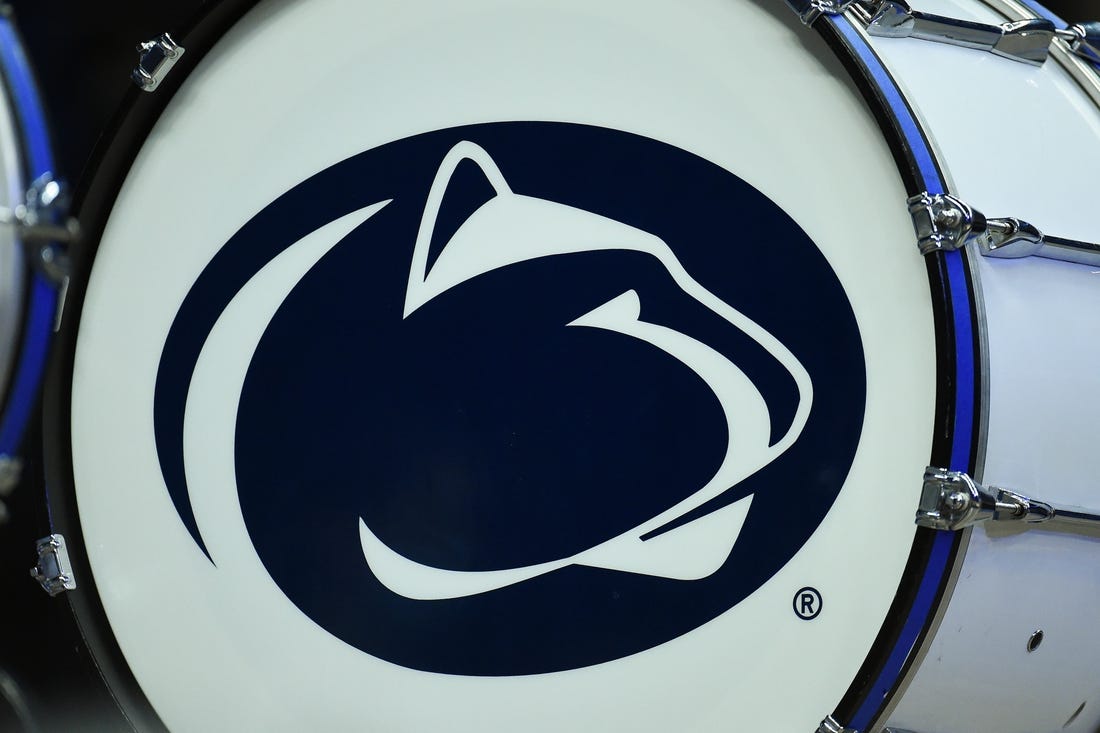Dec 1, 2021; University Park, Pennsylvania, USA; General view of the Penn State Nittany Lions logo on a bass drum prior to the game against the Miami Hurricanes at the Bryce Jordan Center. Mandatory Credit: Rich Barnes-USA TODAY Sports