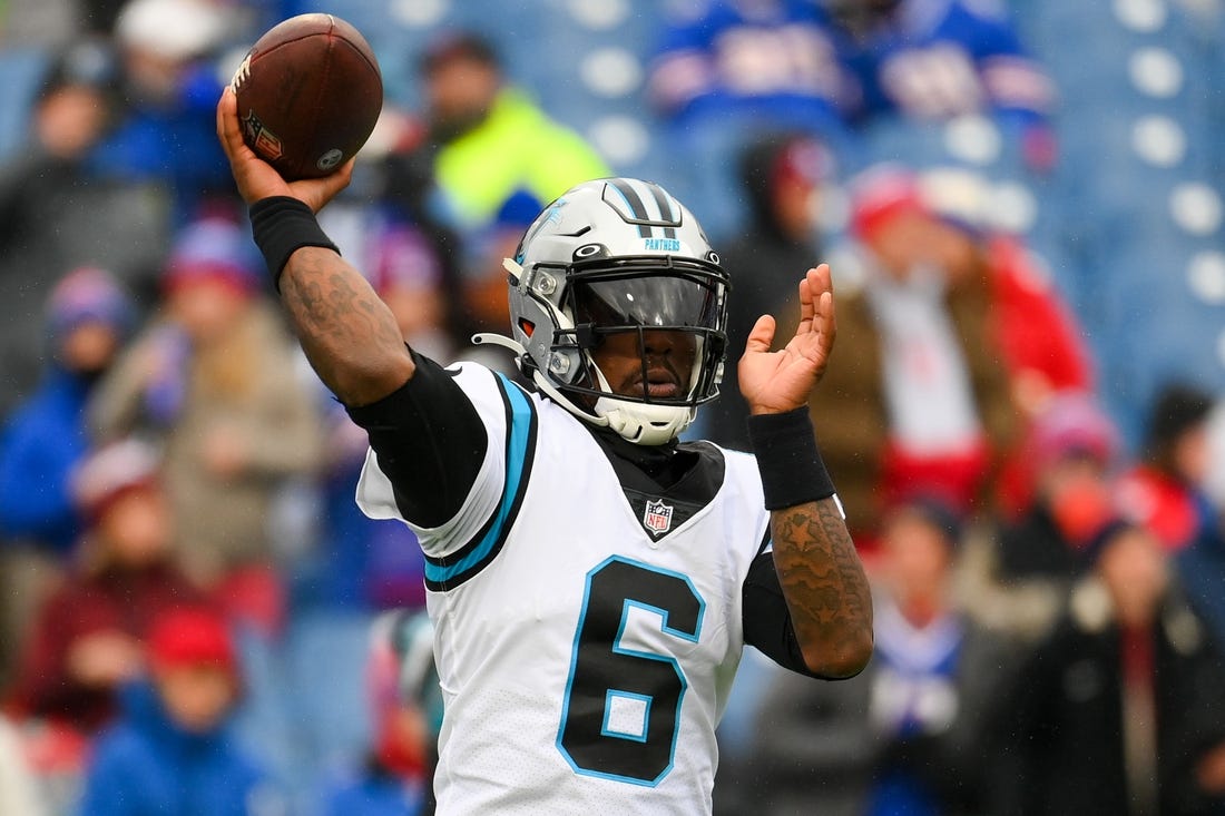 Dec 19, 2021; Orchard Park, New York, USA; Carolina Panthers quarterback P.J. Walker (6) warms up prior to the game against the Buffalo Bills at Highmark Stadium. Mandatory Credit: Rich Barnes-USA TODAY Sports