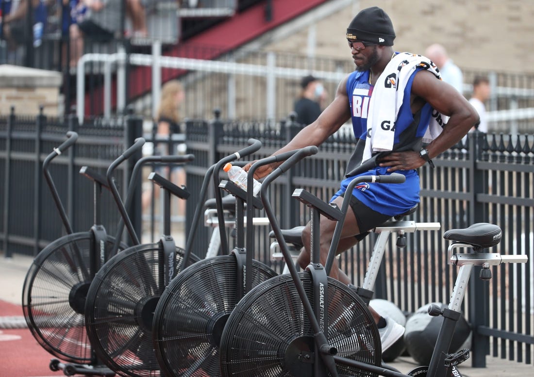 Buffalo cornerback Tre'Davious White hits the stationary bikes as he works his way back from an injury, on the opening day of the Buffalo Bills training camp at St. John Fisher University in Rochester Sunday, July 24, 2022.

Sd 072422 Bills Camp 5 Spts