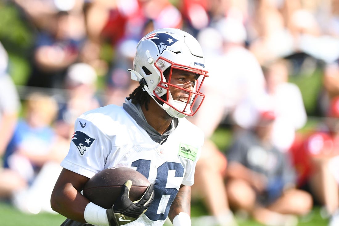 Jul 29, 2022; Foxborough, MA, USA; New England Patriots wide receiver Jakobi Meyers (16) runs with the ball during training camp at Gillette Stadium. Mandatory Credit: Brian Fluharty-USA TODAY Sports