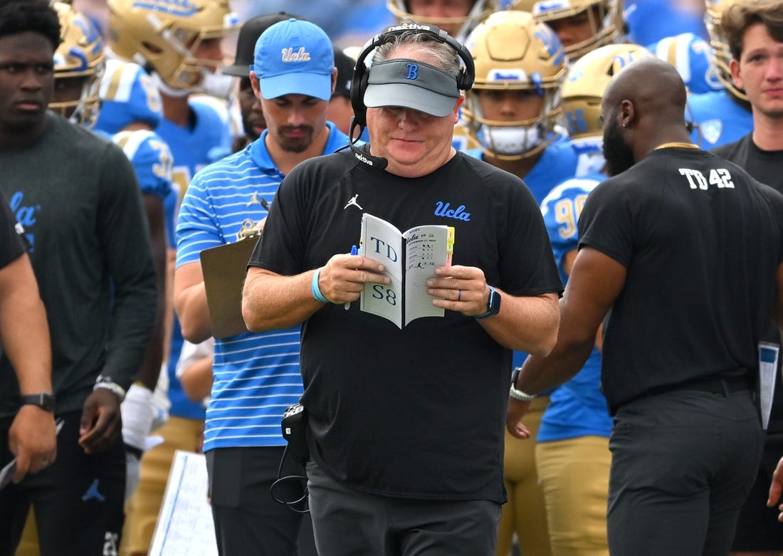 Sep 17, 2022; Pasadena, California, USA;  UCLA Bruins head coach Chip Kelly on the sidelines during the second half against the South Alabama Jaguars at the Rose Bowl. Mandatory Credit: Jayne Kamin-Oncea-USA TODAY Sports