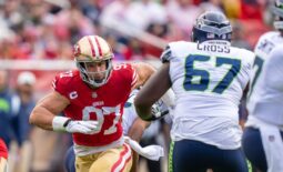 September 18, 2022; Santa Clara, California, USA; San Francisco 49ers defensive end Nick Bosa (97) rushes against Seattle Seahawks offensive tackle Charles Cross (67) during the first quarter at Levi's Stadium. Mandatory Credit: Kyle Terada-USA TODAY Sports