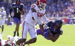 Oct 1, 2022; Fort Worth, Texas, USA;  TCU Horned Frogs running back Emari Demercado (3) dives for yardage as Oklahoma Sooners defensive back Justin Harrington (37) defends during the first half at Amon G. Carter Stadium. Mandatory Credit: Kevin Jairaj-USA TODAY Sports