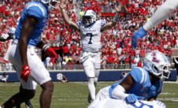 Oct 1, 2022; Oxford, Mississippi, USA; Kentucky Wildcats quarterback Will Levis (7) reacts after a touchdown pass during the third quarter against the Mississippi Rebels at Vaught-Hemingway Stadium. Mandatory Credit: Petre Thomas-USA TODAY Sports
